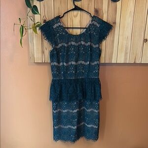 Maeve Teal Flutter Sleeve Peplum Lace Mini Dress